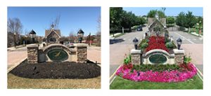 before and after of flowers and landscaping added to sign