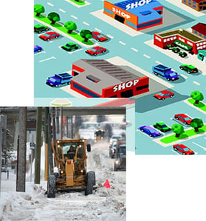 illustration of city with image of snow removal equipment
